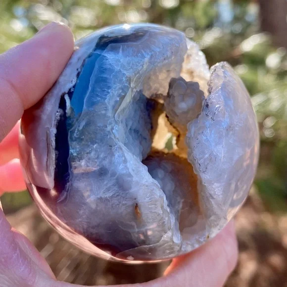 Large HQ Polished UV Reactive Volcano Agate Sphere w/ Wooden Stand - Picture 9 of 16